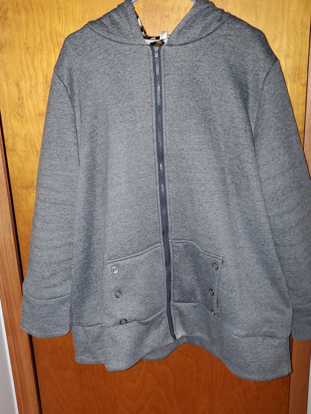 Womens Gray Zip-up Hooded Jacket With Animal Print Lining.